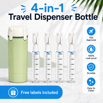 4-in-1 travel dispenser bottle infographic - green, TSA approved, 100% leakproof, durable, easy to clean, free labels included