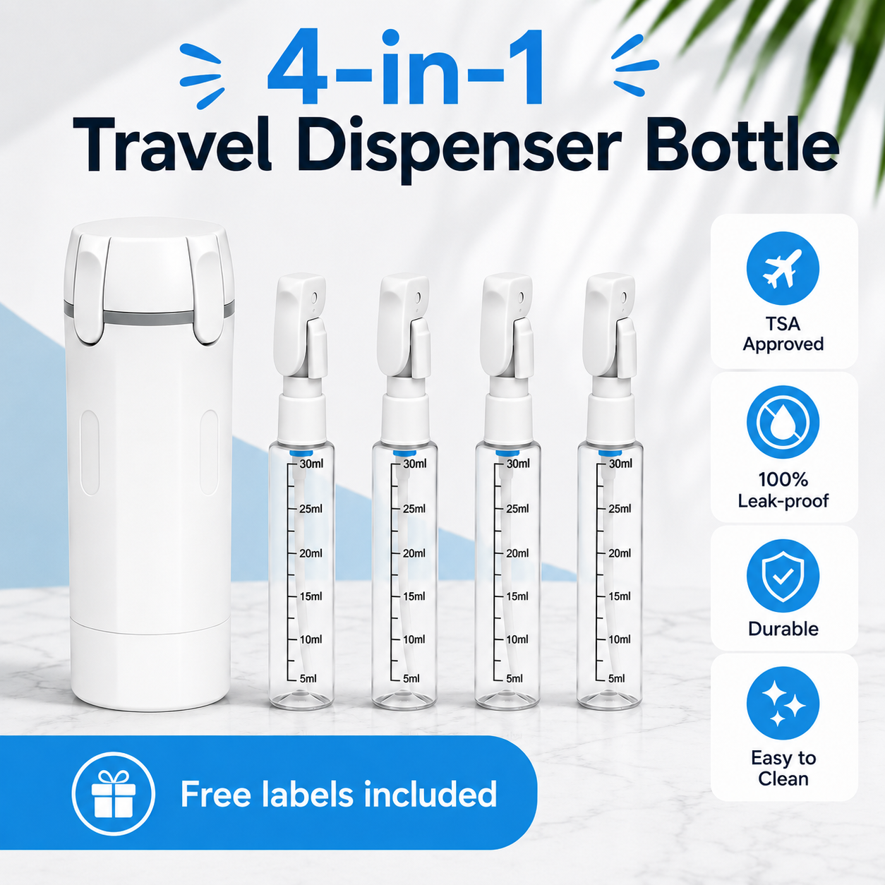 4-in-1 travel dispenser bottle infographic - white, TSA approved, 100% leakproof, durable, easy to clean, free labels included