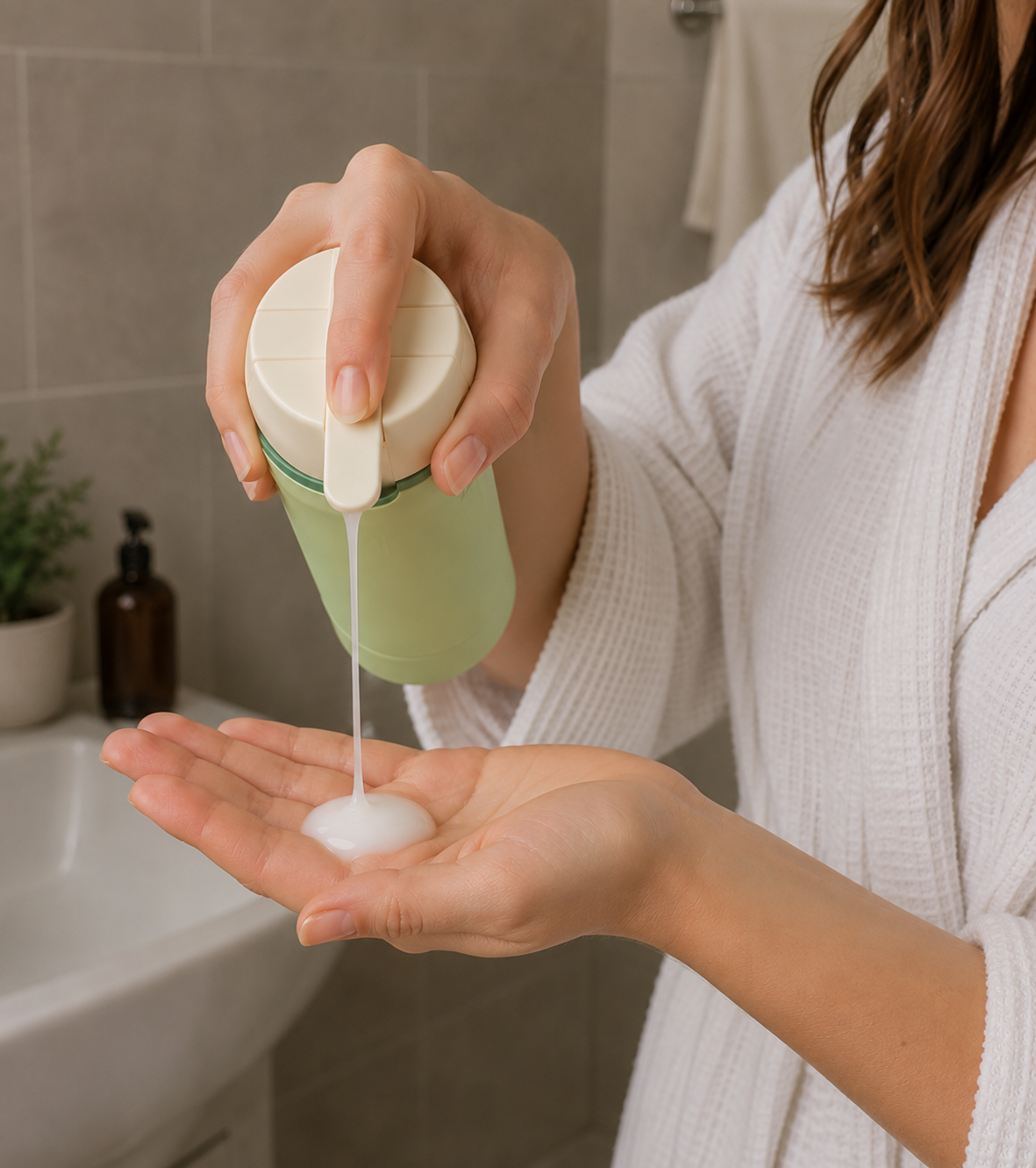 Pouring lotion from the green travel bottle dispenser into a hand